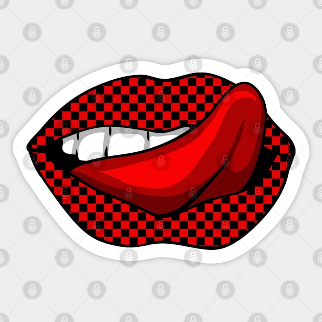 Artistic Abstract  Black and Red Checkerboard Pattern Lips  with Red Tongue - by Iskybibblle Sticker by iskybibblle